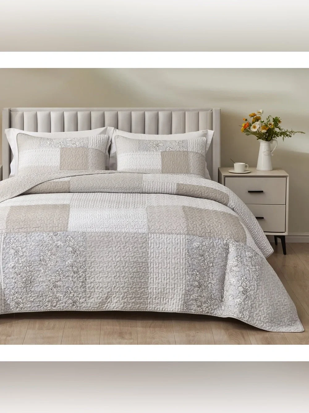 Neutral Patchwork Quilted Comforter Set - Home Bedding